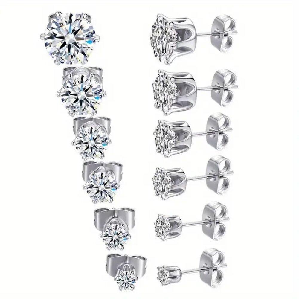 Sparkling Stainless Steel 6Prong Zircon Stud Earrings Hypoallergenic Daily Decor
